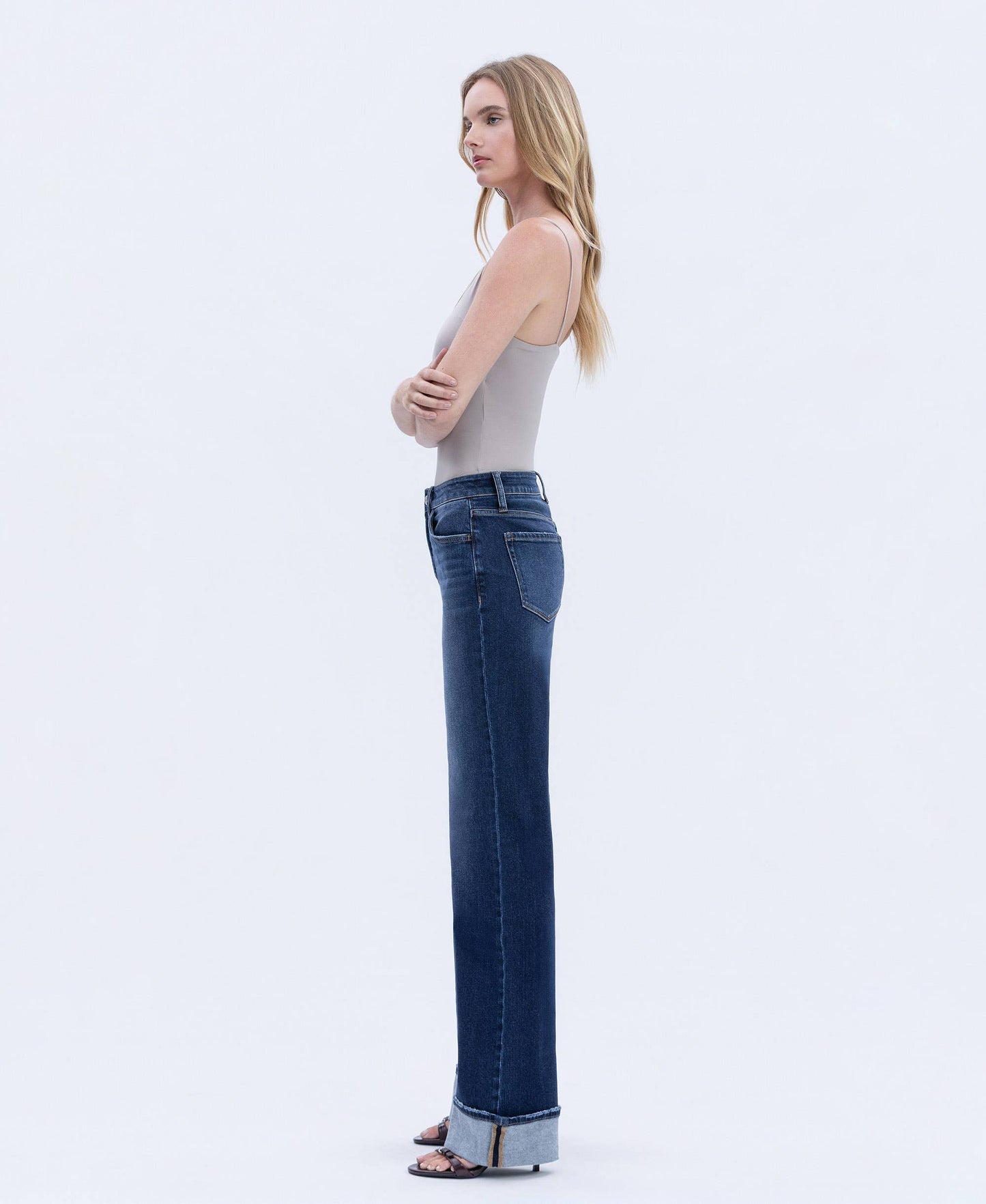 HIGH RISE CUFFED WIDE LEG JEANS DARK WASH