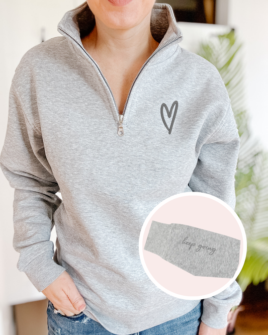 Keep Going Embroidered Ultimate 1/4 Zip Sweater: Sports Grey