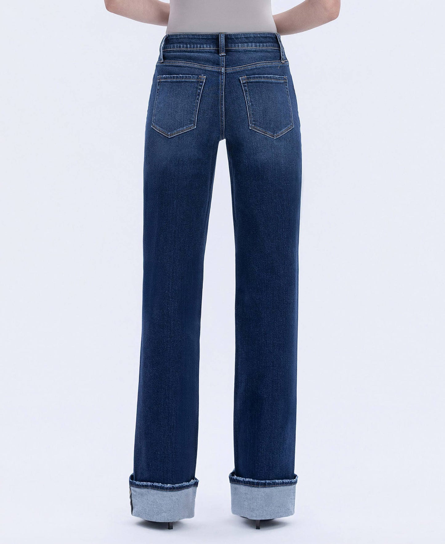HIGH RISE CUFFED WIDE LEG JEANS DARK WASH