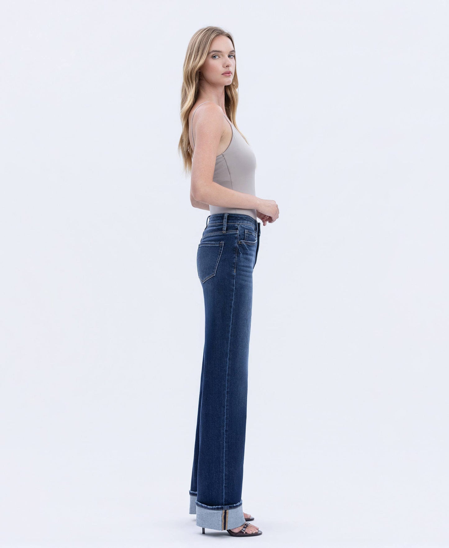 HIGH RISE CUFFED WIDE LEG JEANS DARK WASH