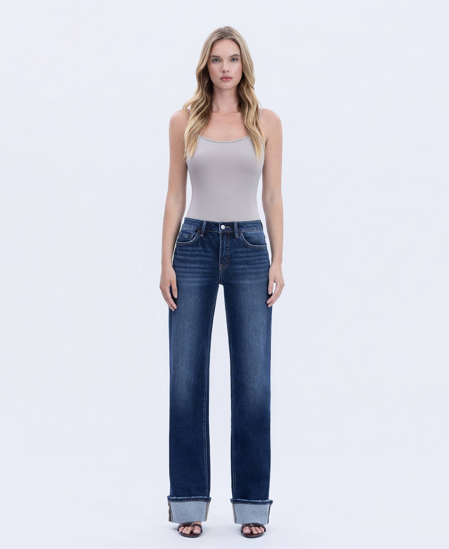 HIGH RISE CUFFED WIDE LEG JEANS DARK WASH