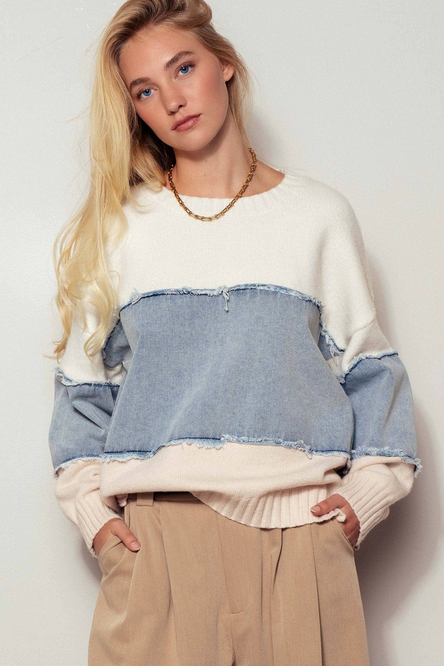 Colorblock Distressed Denim Patchwork Sweater