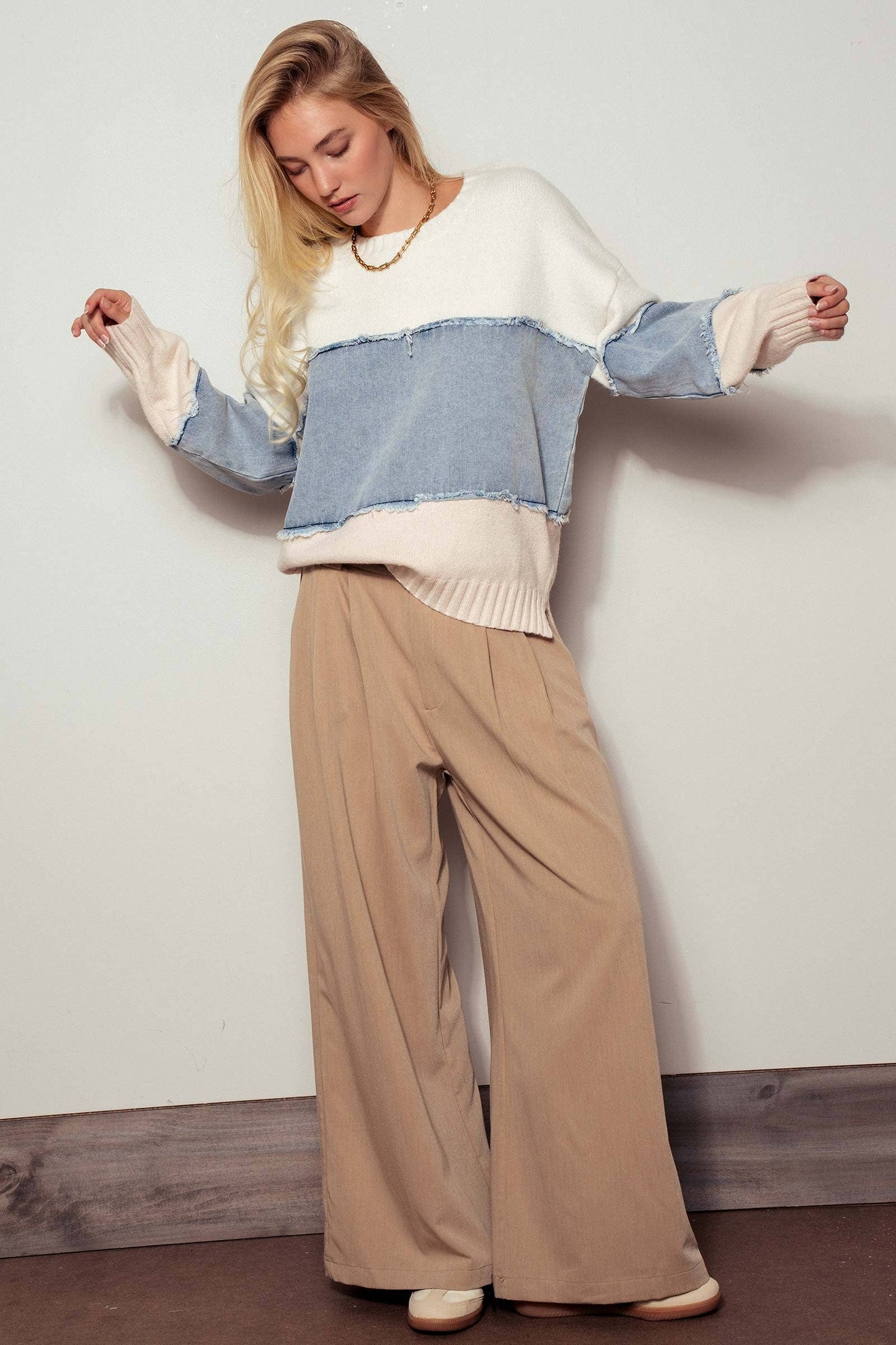 Colorblock Distressed Denim Patchwork Sweater