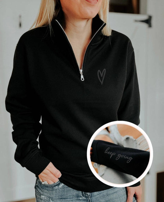 Keep Going Embroidered Ultimate 1/4 Zip Sweater: Black