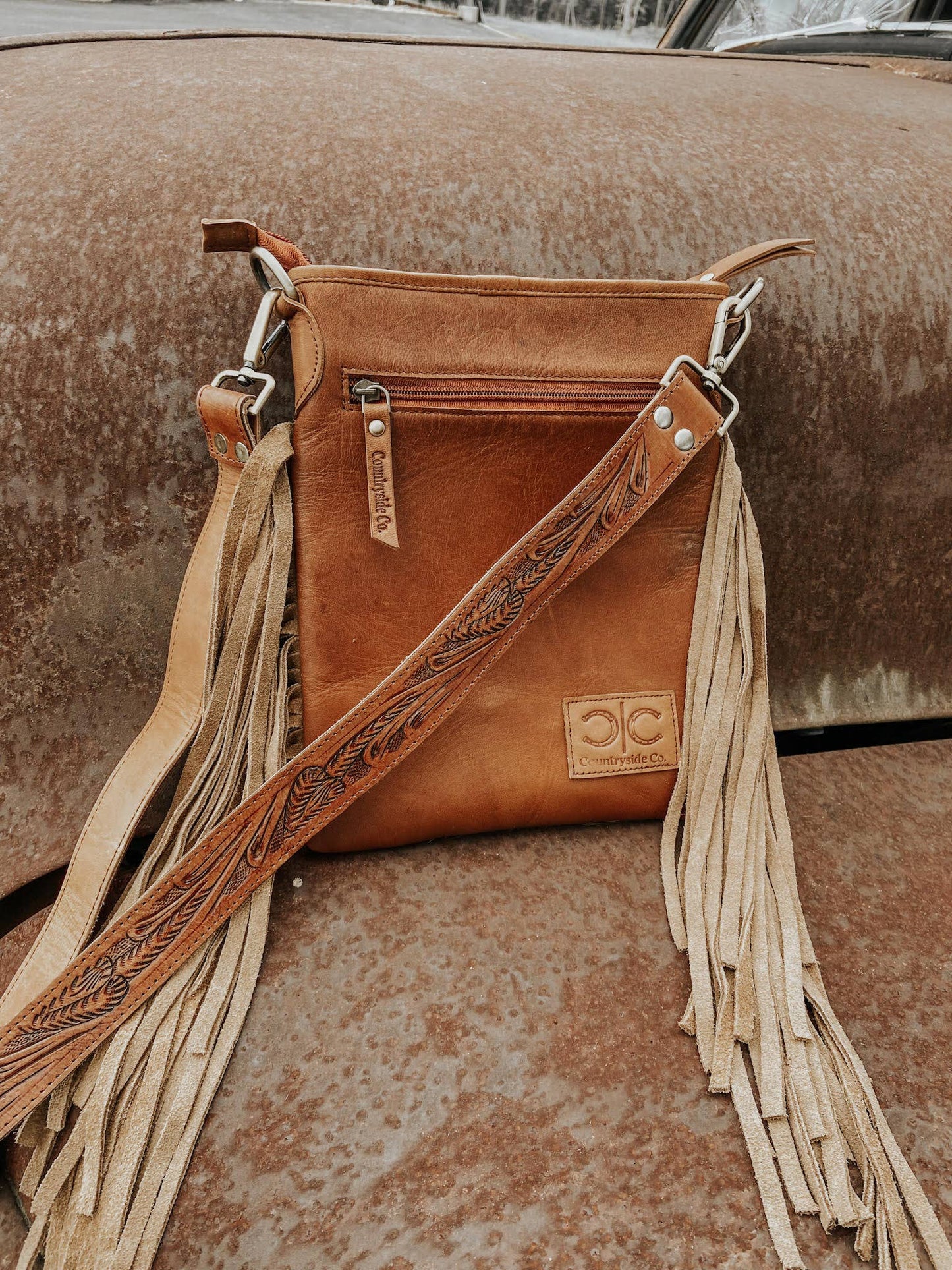 Stockdale Checkered Cowhide Fringe Purse, Brown & White