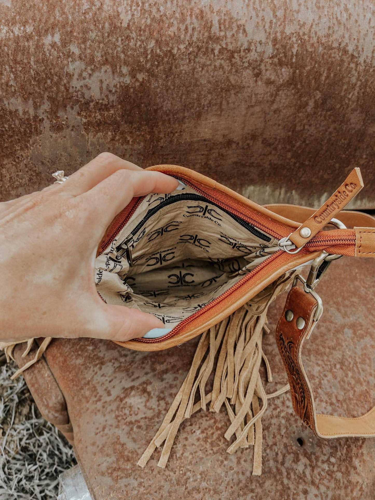 Stockdale Checkered Cowhide Fringe Purse, Brown & White