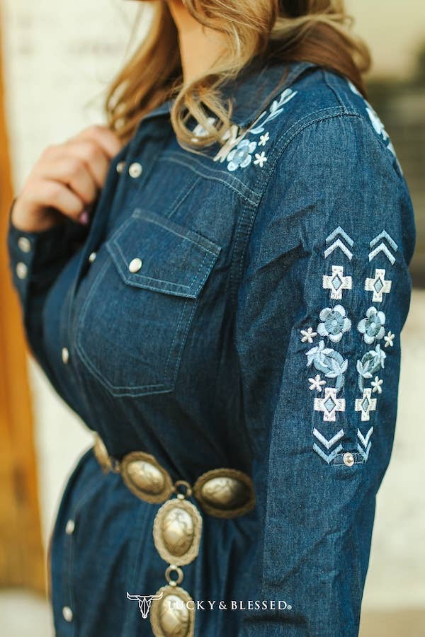 Denim Aztec Embroidered Long Sleeve Pearl Snap Dress