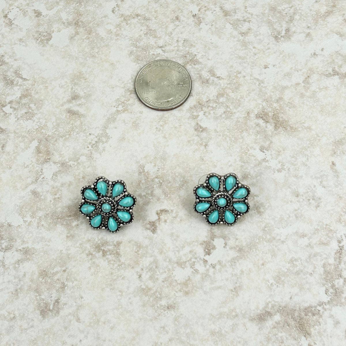 Small silver and turquoise stone floral concho Earring