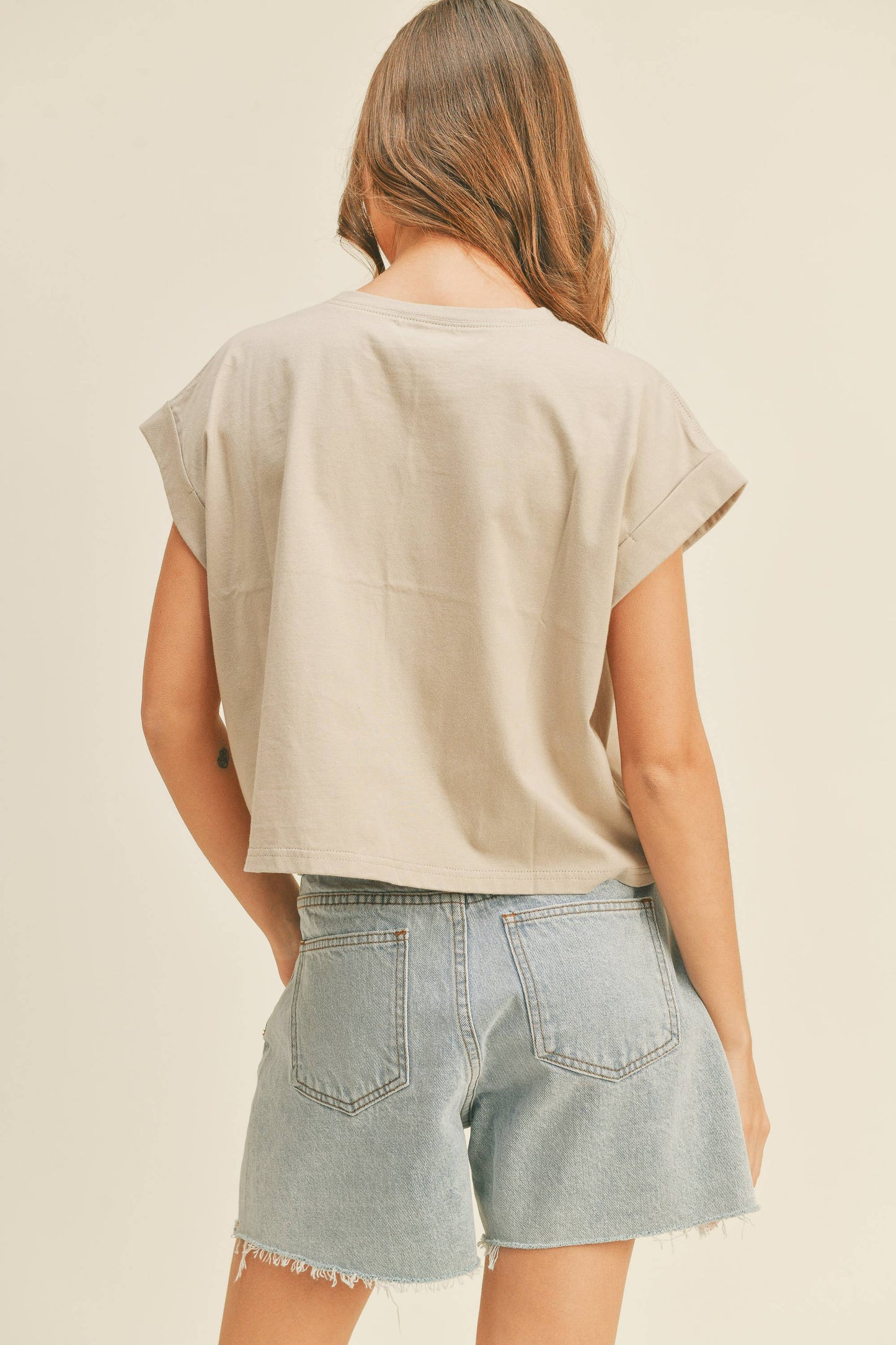 Round Neck Cuffed Sleeve - Stone