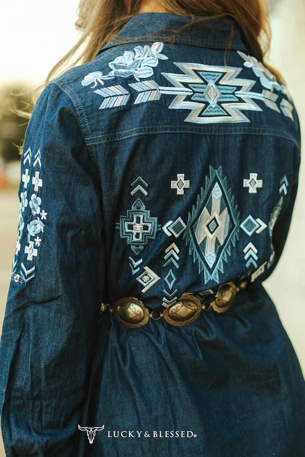 Denim Aztec Embroidered Long Sleeve Pearl Snap Dress