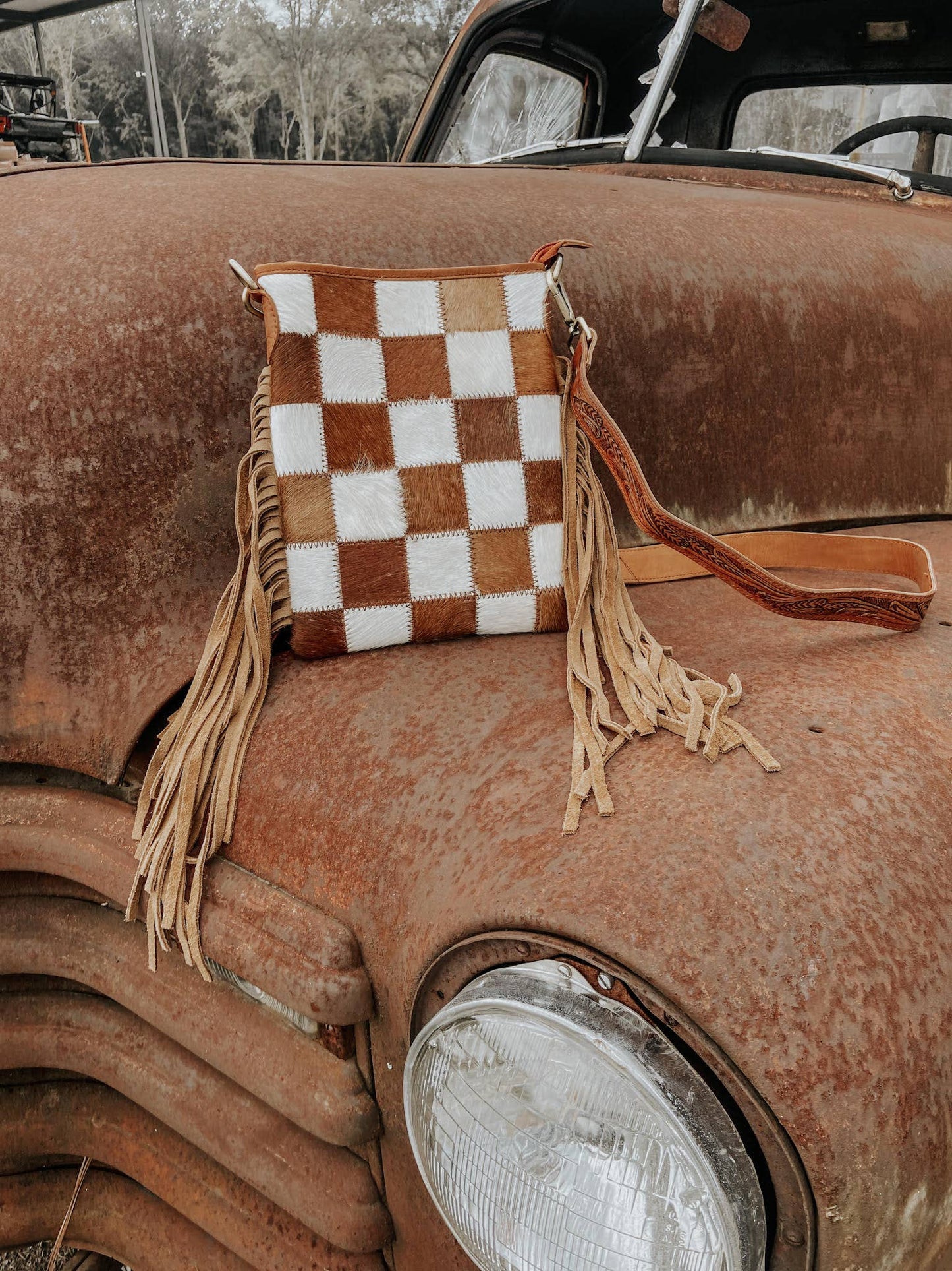 Stockdale Checkered Cowhide Fringe Purse, Brown & White