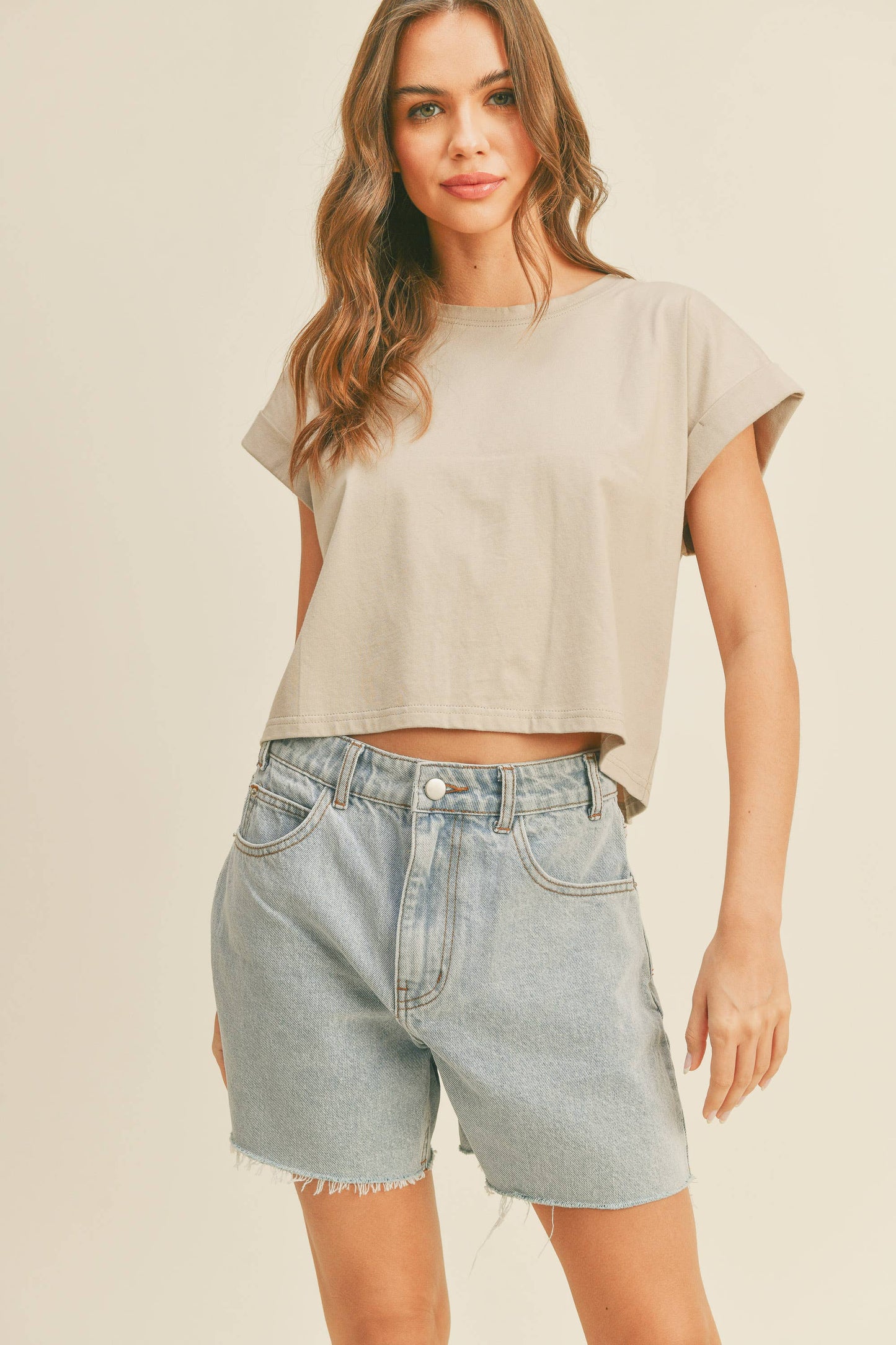 Round Neck Cuffed Sleeve - Stone