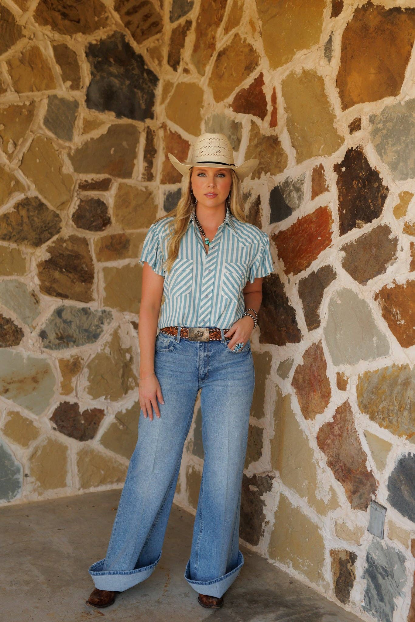 Pearl Snap, Denim Stripe Flutter