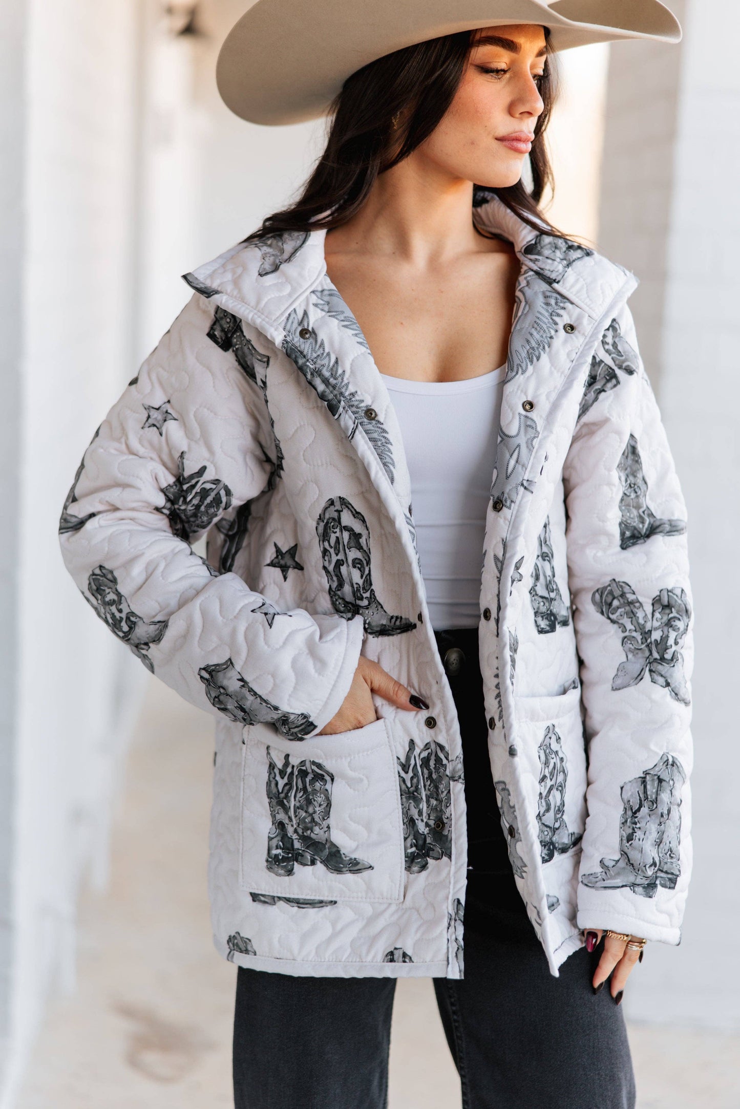 Thunderbird Boots Linen/Black Quilted Snap Jacket