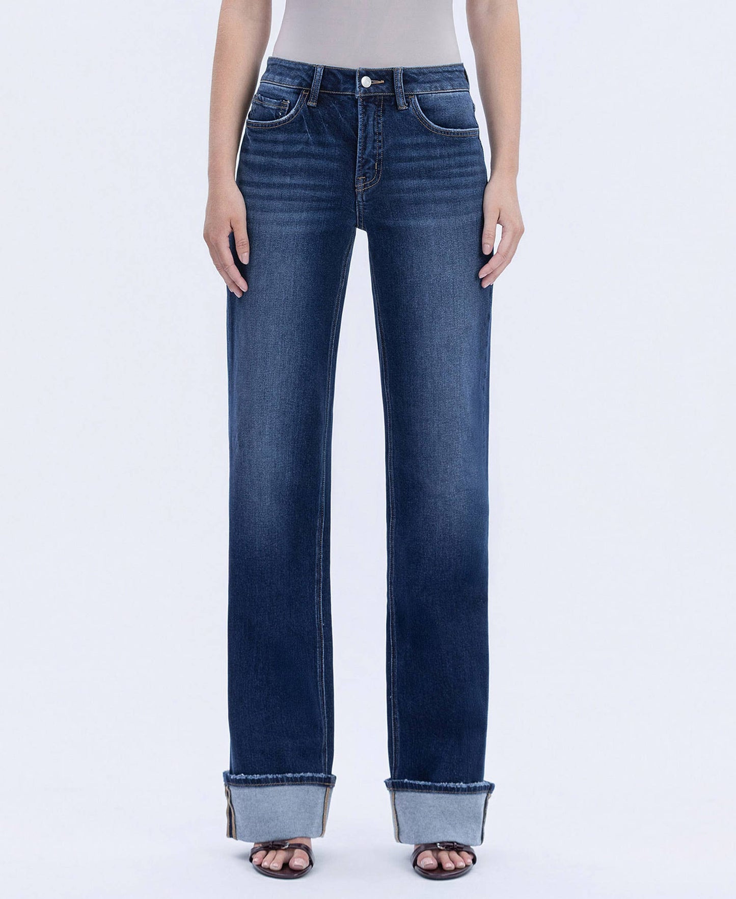 HIGH RISE CUFFED WIDE LEG JEANS DARK WASH