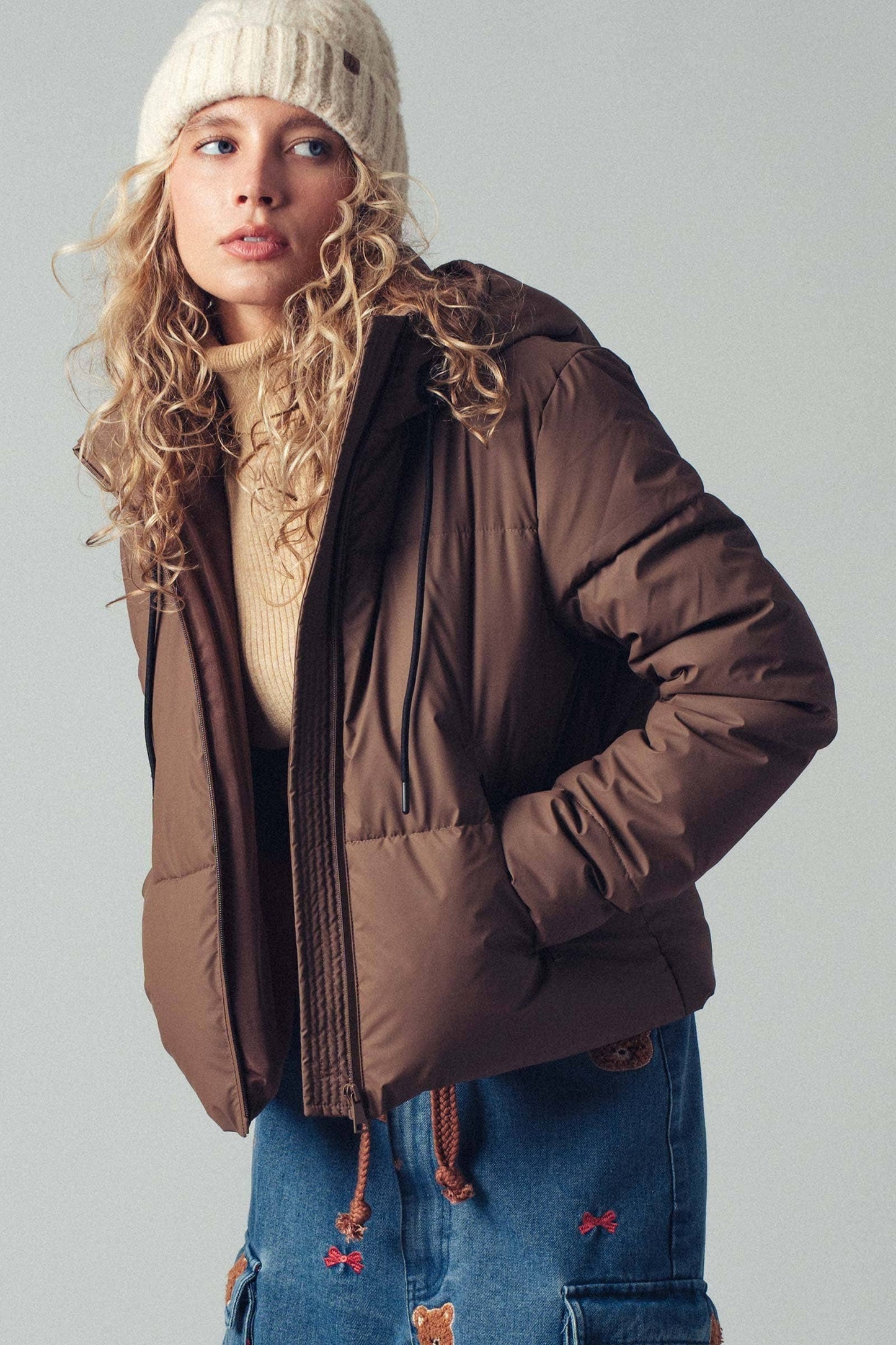 Cozy Drawstring Hooded Puffer Jacket: Chocolate