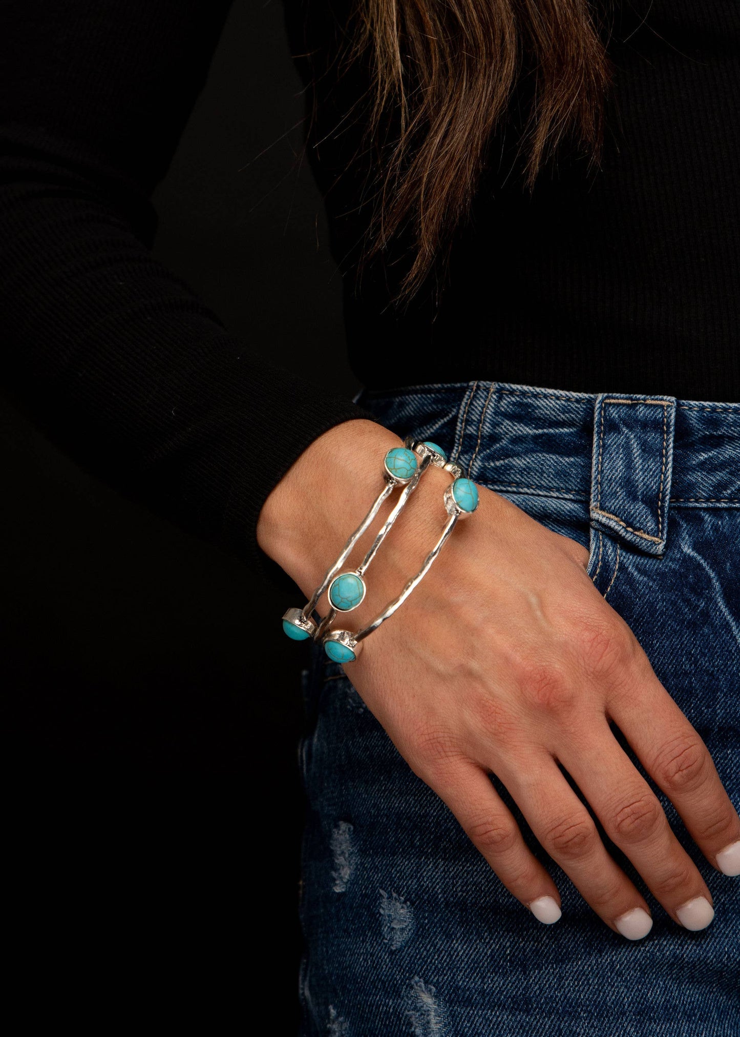 Set/3 Burnished Silver Bangles with TQ Ovals