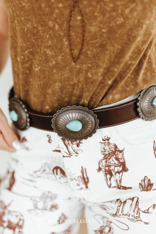 Brown Genuine Leather Oval Concho Belt With Turquoise Stone