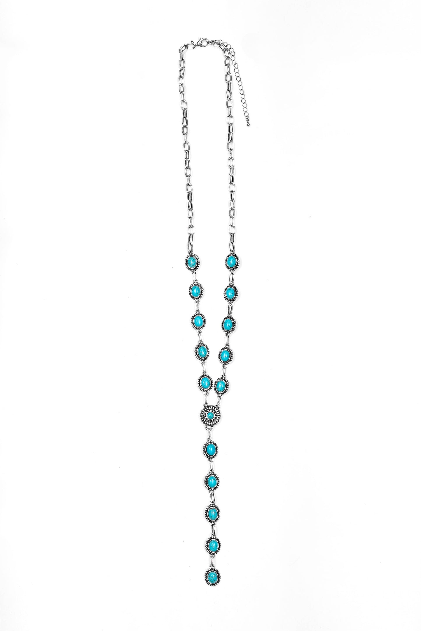 24" Silver Oval Turquoise Concho Lariat Style Necklace