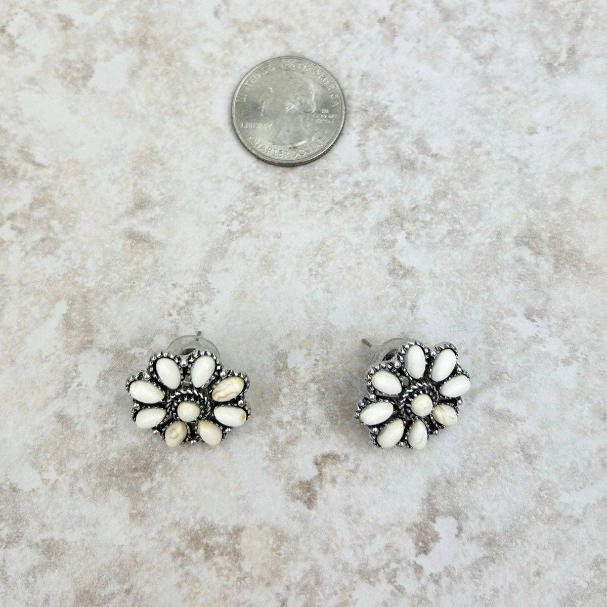 Small silver and white stone floral concho post Earring