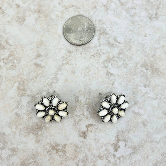 Small silver and white stone floral concho post Earring