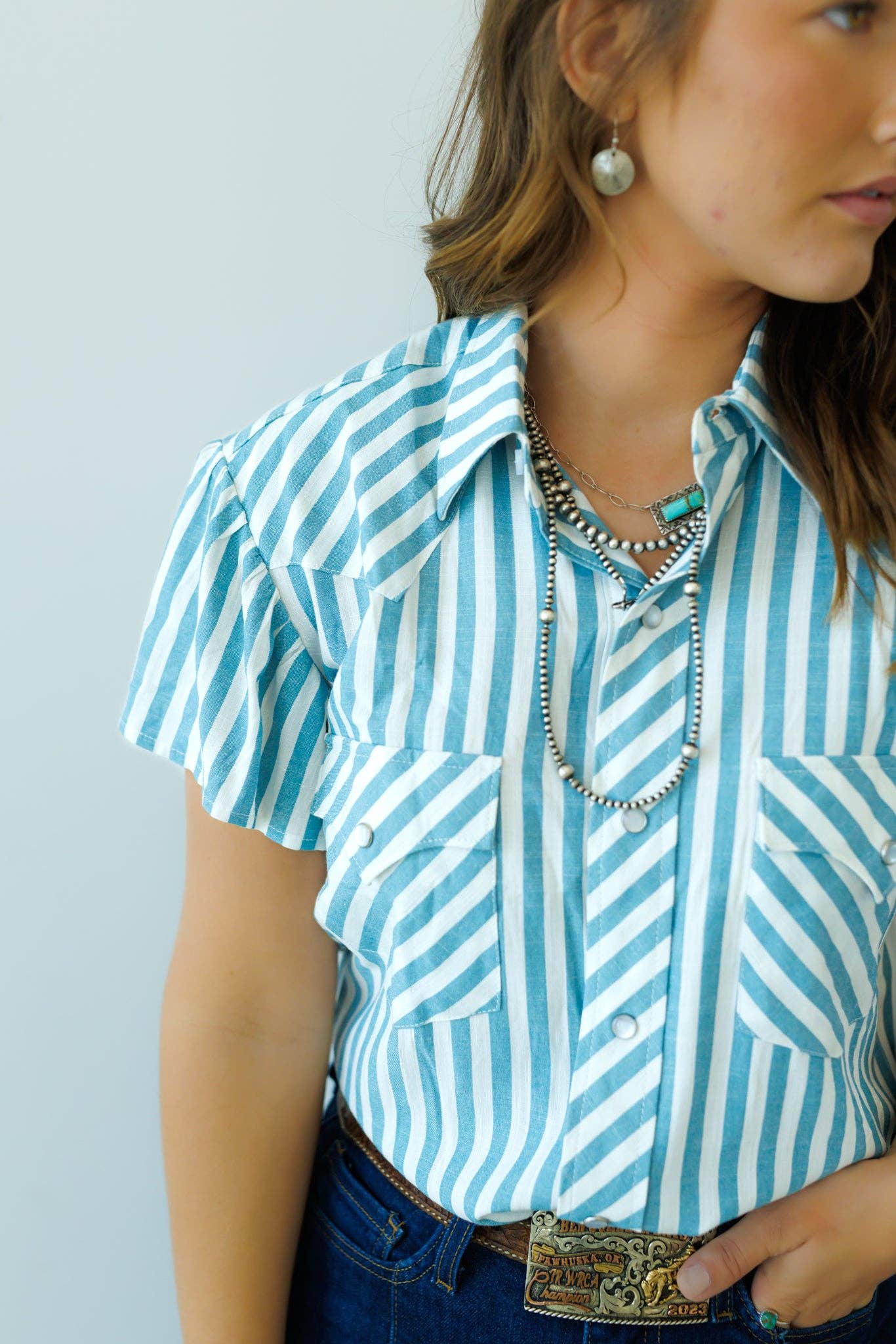 Pearl Snap, Denim Stripe Flutter