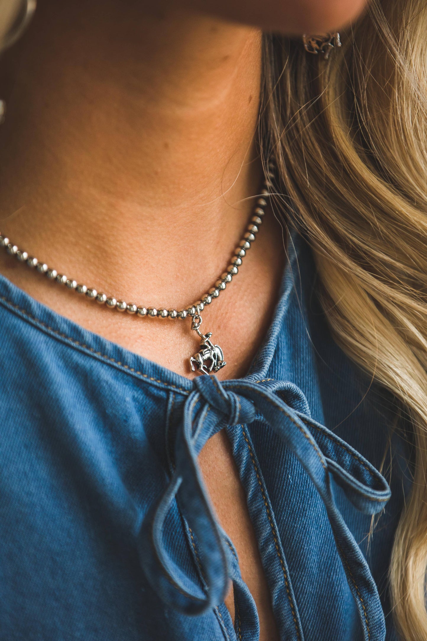 16" 18K  White Gold Plated Burnished Necklace with Bucking Horse