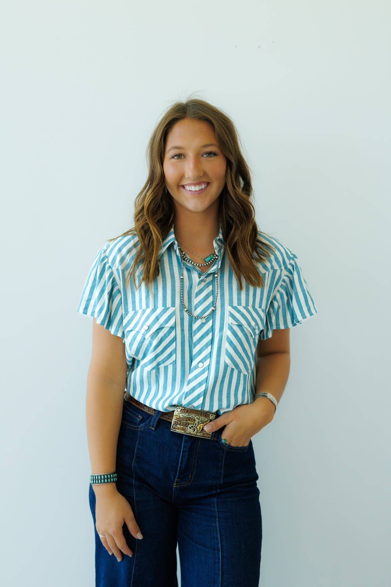 Pearl Snap, Denim Stripe Flutter