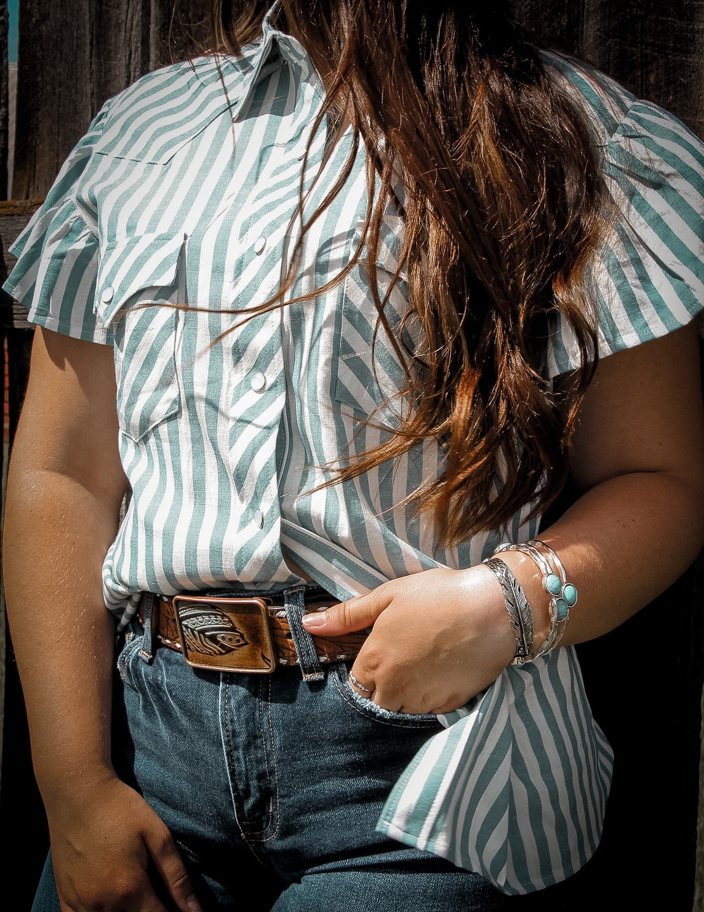 Pearl Snap, Denim Stripe Flutter