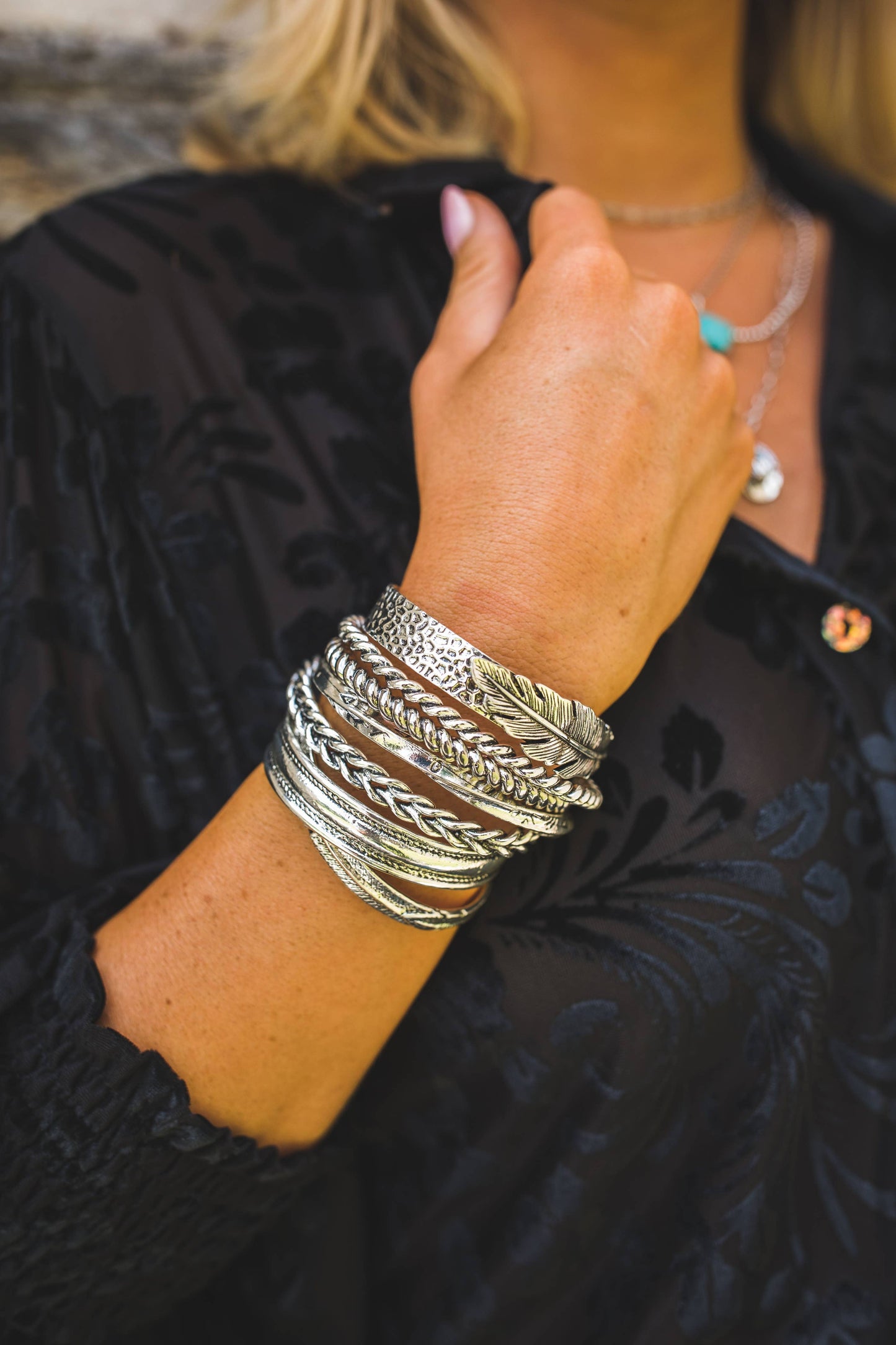 18K White Gold Plated Stamped Cuff with Feather Accent