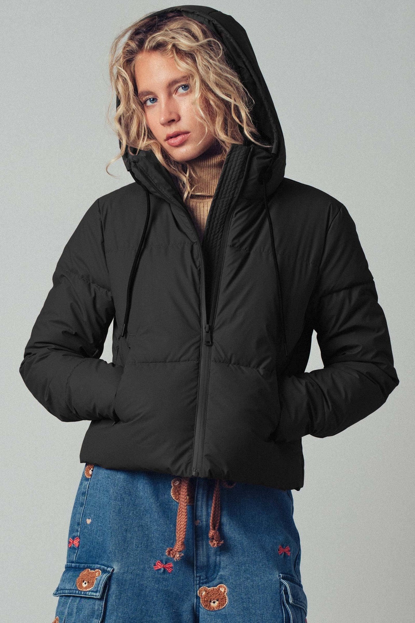 Cozy Drawstring Hooded Puffer Jacket: BLACK