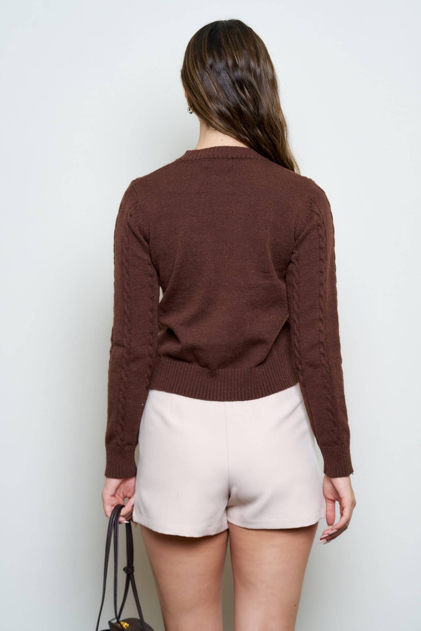 HORSE EMBROIDERY CABLE KNIT CARDIGAN: BROWN