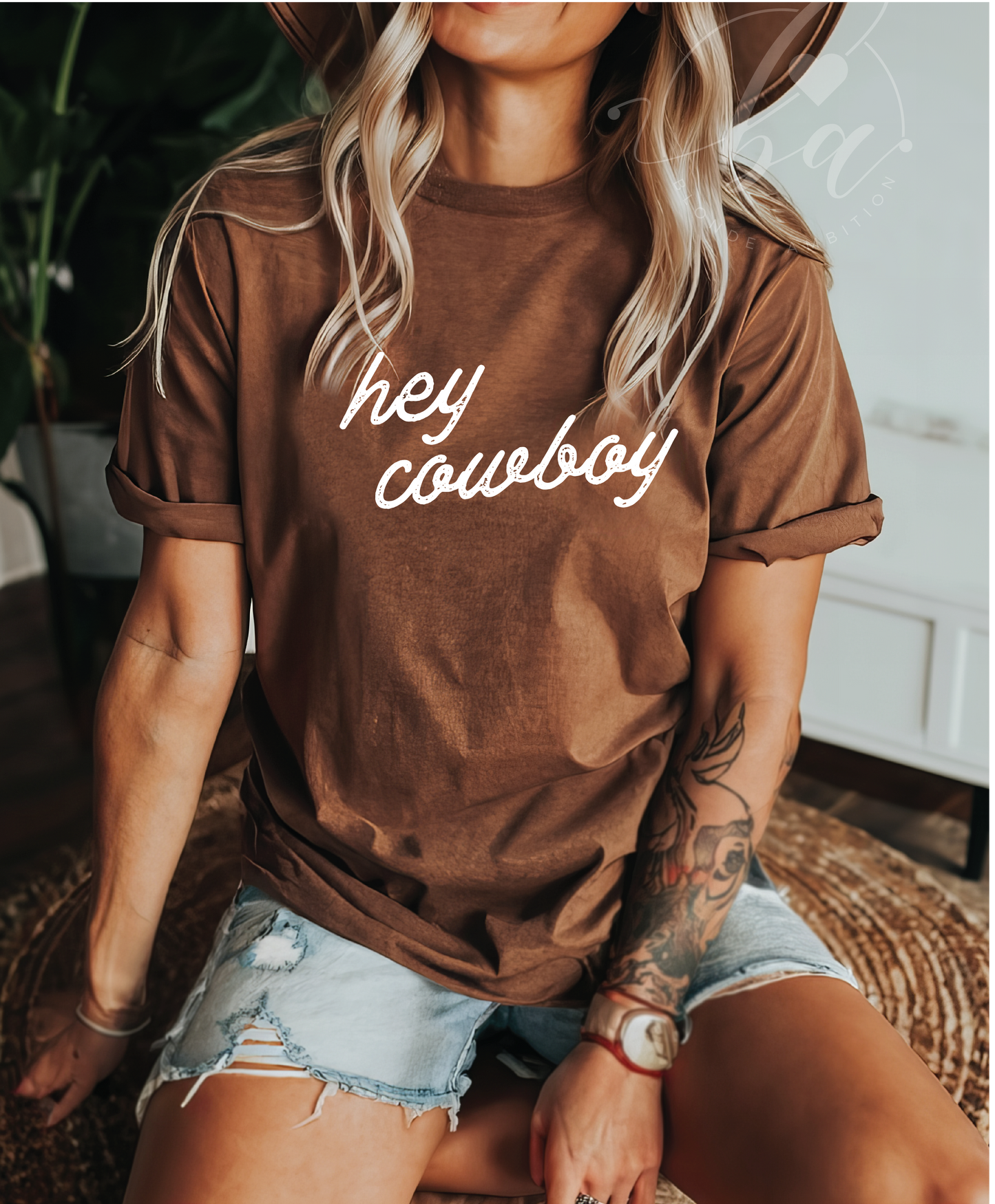 Hey Cowboy Tee Heather Brown
