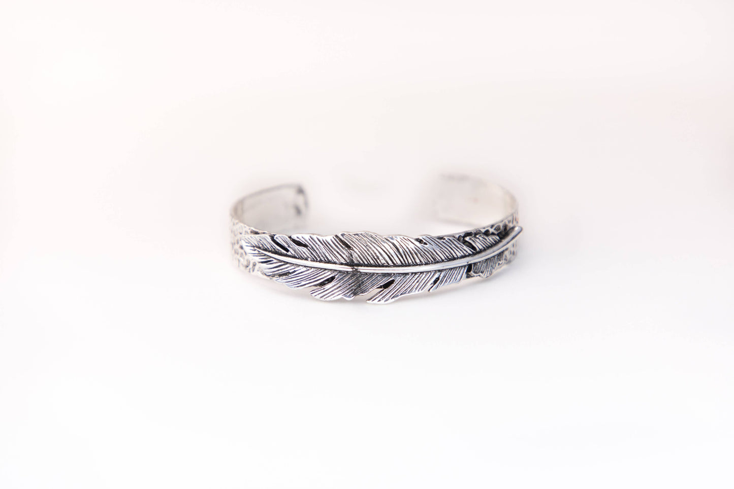 18K White Gold Plated Stamped Cuff with Feather Accent