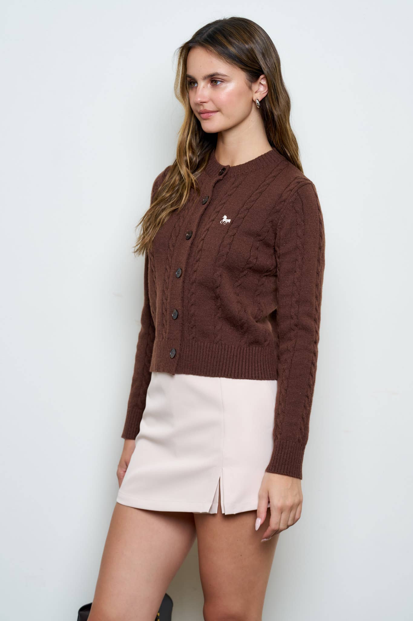 HORSE EMBROIDERY CABLE KNIT CARDIGAN: BROWN