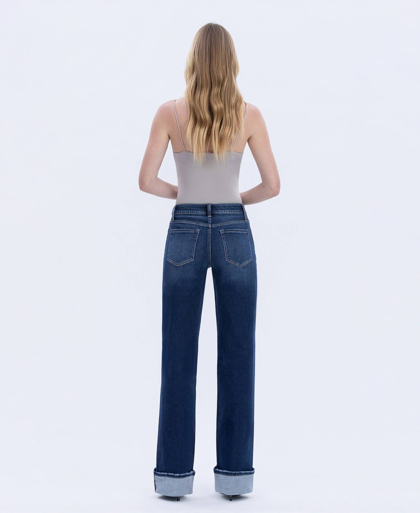 HIGH RISE CUFFED WIDE LEG JEANS DARK WASH