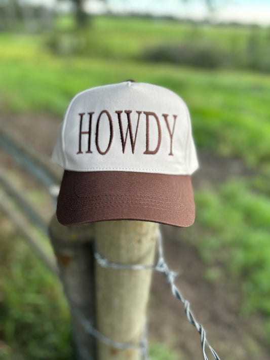 HOWDY Embroidered Hat: Natural/Brown