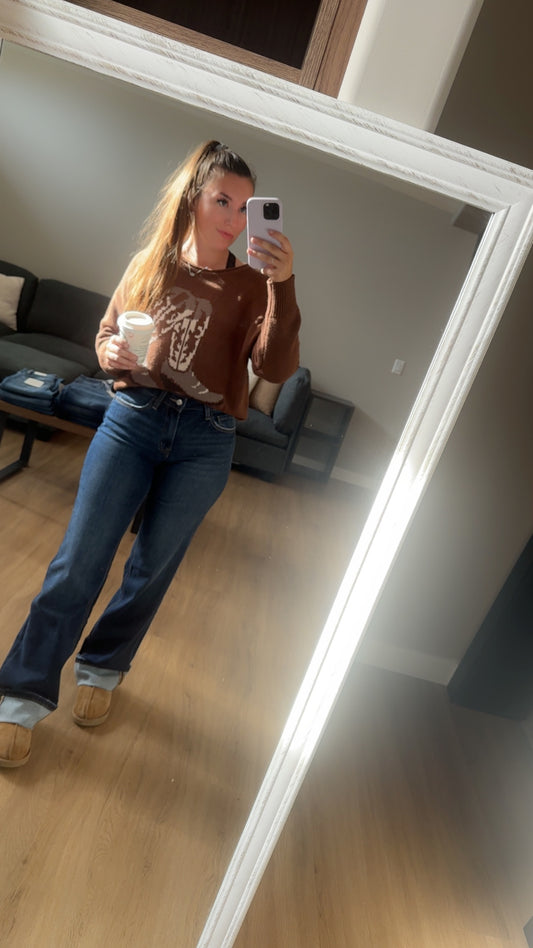 HIGH RISE CUFFED WIDE LEG JEANS DARK WASH