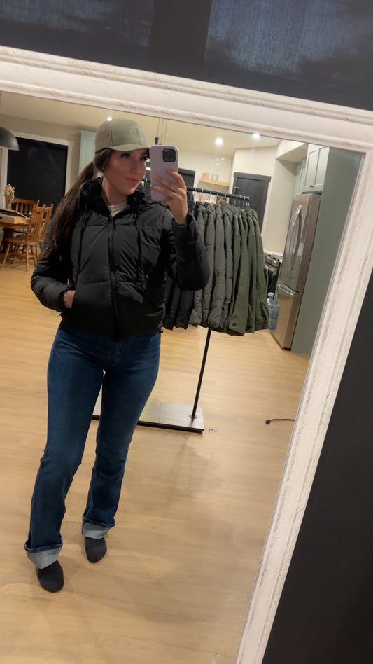 Cozy Drawstring Hooded Puffer Jacket: BLACK