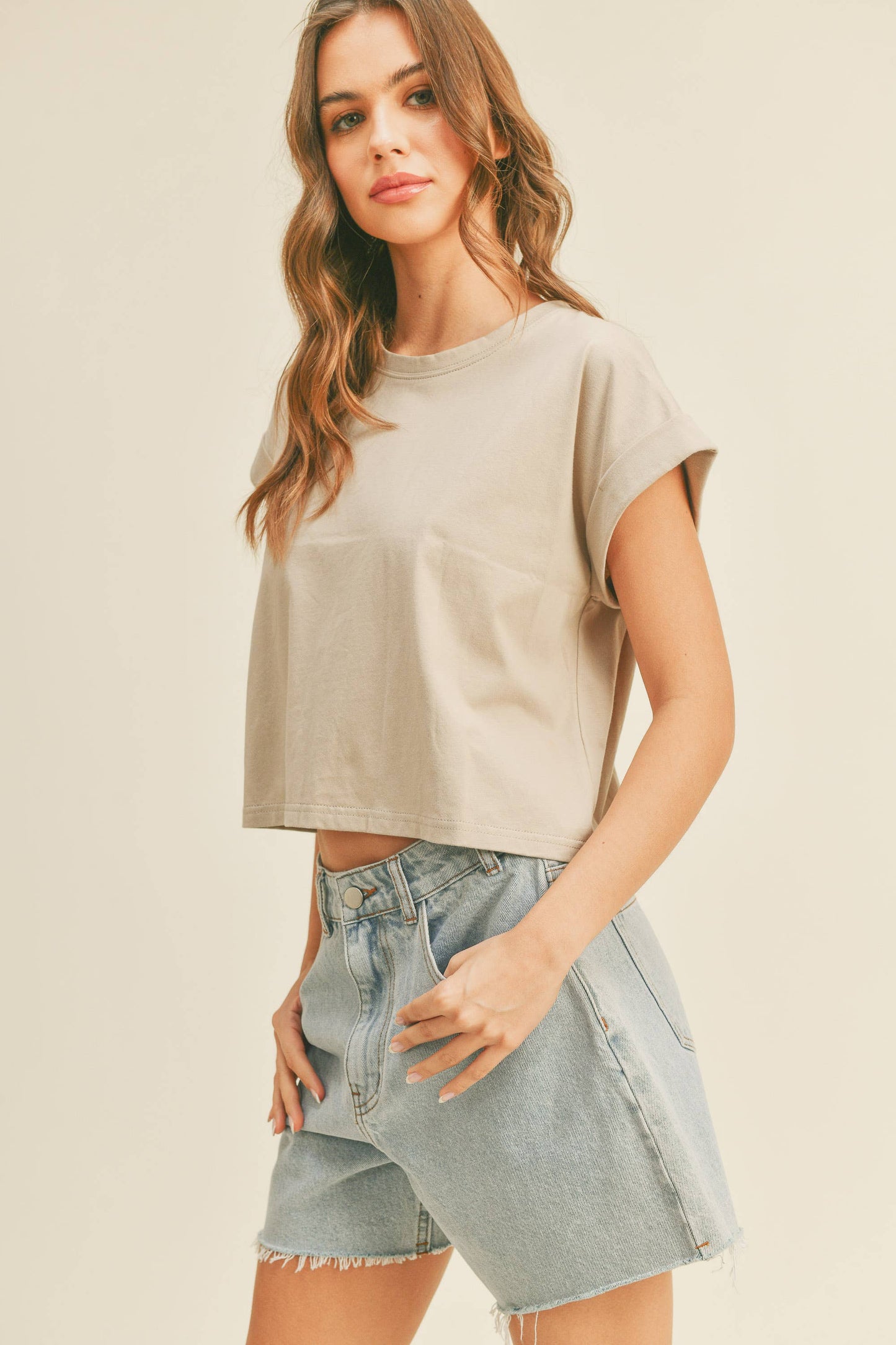 Round Neck Cuffed Sleeve - Stone