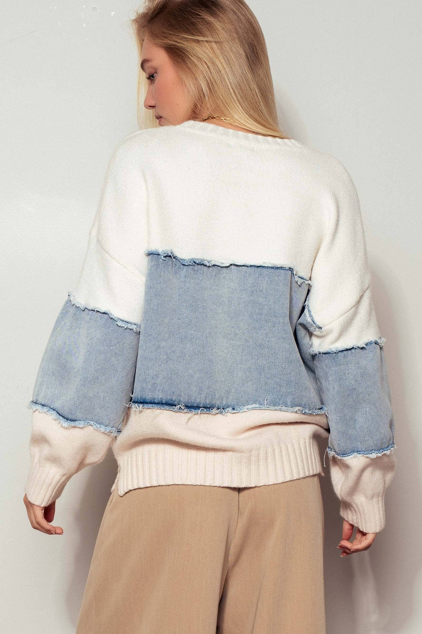 Colorblock Distressed Denim Patchwork Sweater