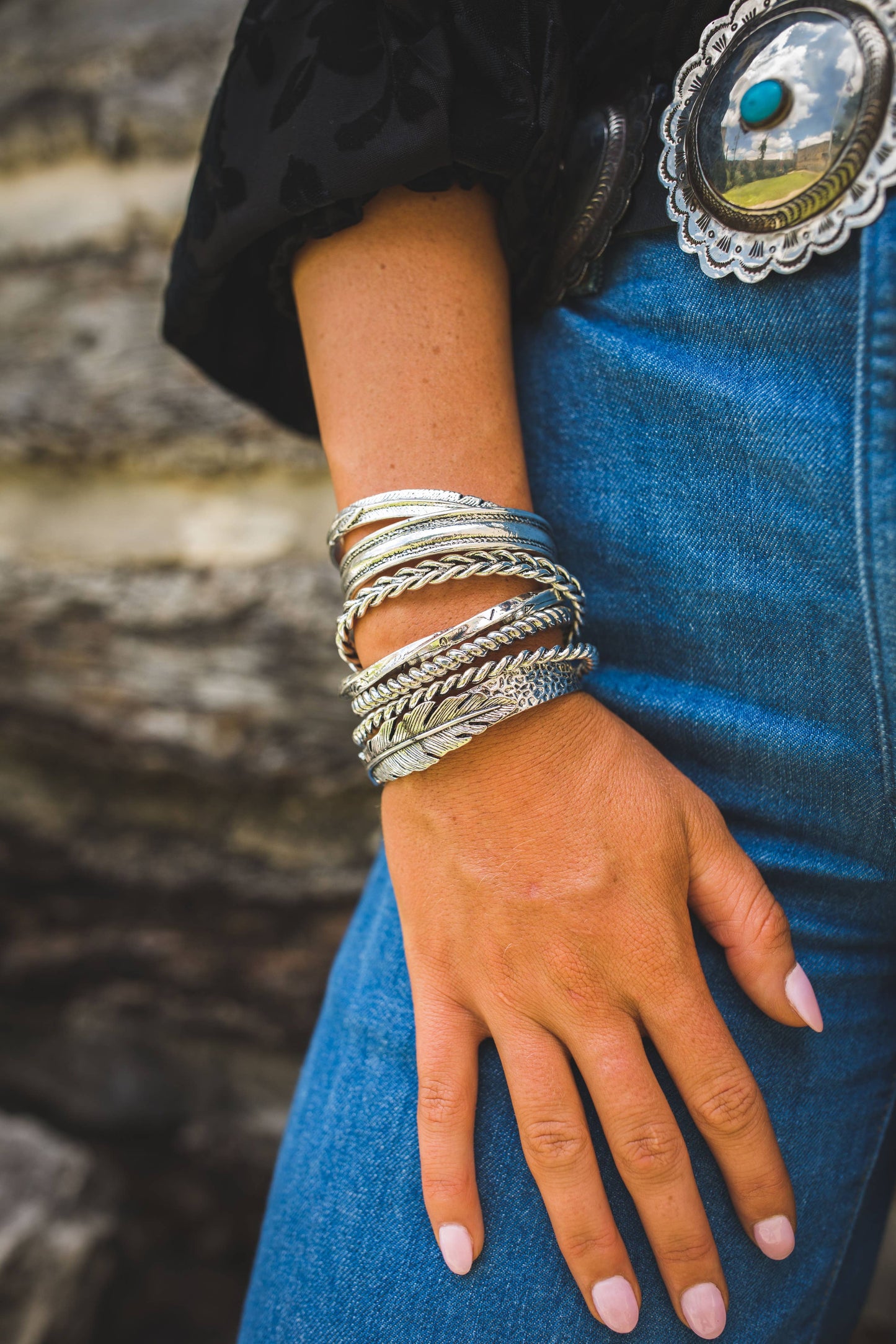18K White Gold Plated Stamped Cuff with Feather Accent